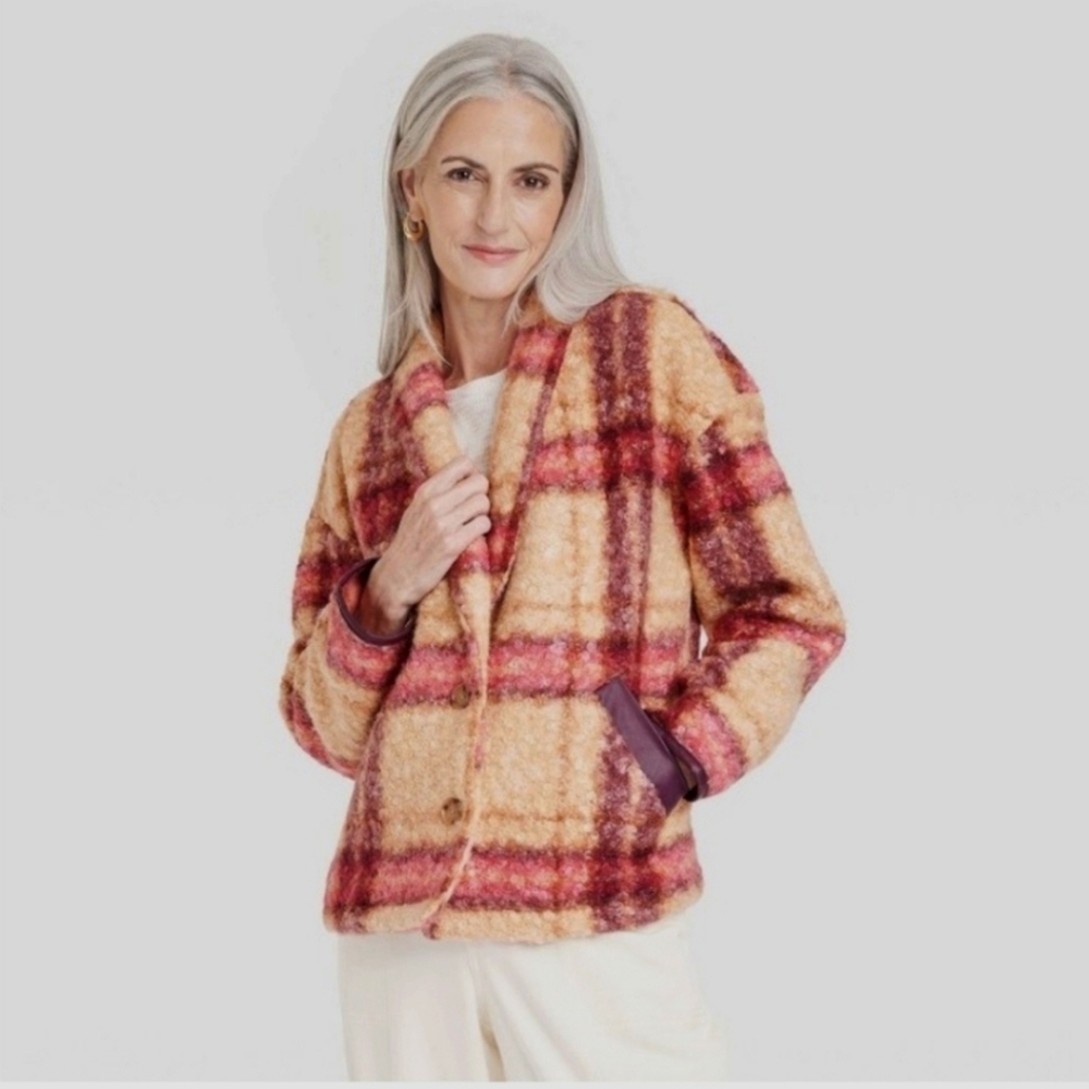 Knox Rose Plaid Faux Fur Multi Color Pink Beige Curly Unlined Jacket Coat 2X XXL